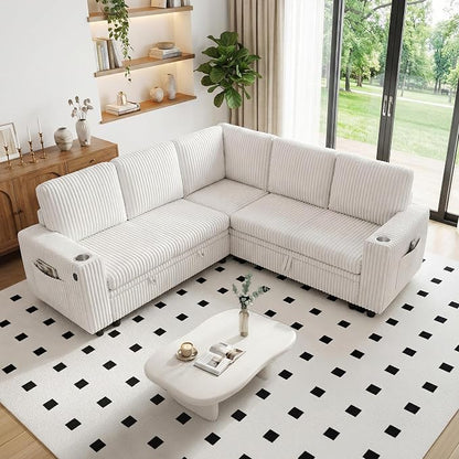 Sectional Sleeper Sofa with Pull Out Bed, Plush Corduroy 5 Seat L Shaped Couch with Storage, USB Ports, Cup Holders, Comfy Modular Sectional Couches for Living Room, Beige