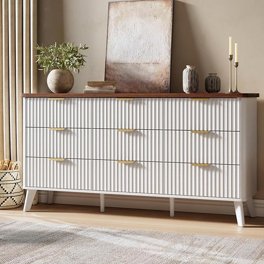 GarveeHome Fluted Dresser for Bedroom with 9 Deep Drawers, 60.6 in Wide Modern Chest of Drawers, Wooden Dresser TV Stand, Curved Profile Design, for Living Room, Kids Room, Hallway, White