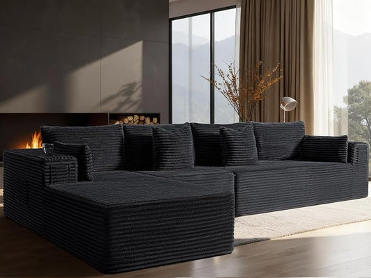 138" Oversized Cloud Sectional Couch, Comfort L Shaped Boneless Couch for Living Room, Extra Deep Seats No Assembly, Minimalist Modular Sofa, Corduroy (Black, 3 Seater+Left Facing Chaise)