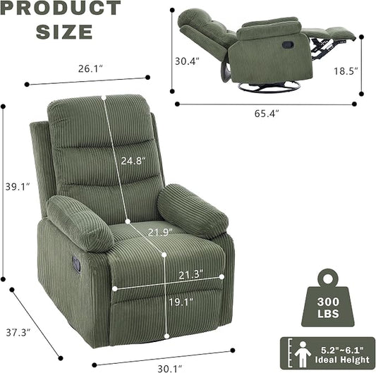 Rocking Recliner Chair,Modern Swivel Glider Recliner Chair,Corduroy Fabric Upholstery Recliner,Manual Reclining Sofa Chair for Living Room,Office,Apartment (Green)