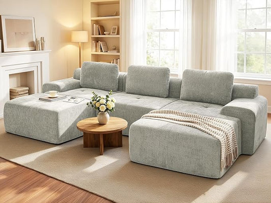 122" U Shaped Oversized Cloud Couch, Comfort Boneless Sectional Couches for Living Room, Modular Sofa High Back & Extra Deep Seat, No Assembly, Soft Chenille(Light Grey, 122 inch-U shaped（3+2）)