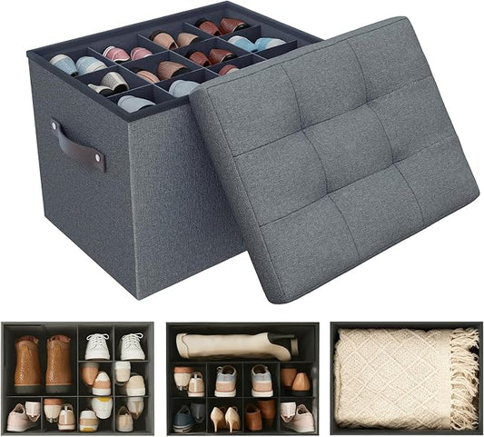 Storage Ottoman Shoe Organizer for Closet - Adjustable Dividers Storage Box for Shoes | Clothes | Toy | Blanket, Foldable Foot Stool Small Bench Shoe Cabinet for Living Room & Bedroom