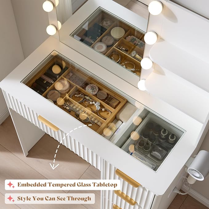 AMERLIFE 36.2" Fluted Vanity Desk with Mirror and Adjustable LED Lights, Large 4 Drawers Makeup Vanity Table with Glass Top and Charging Station for Women and Girls, Bedroom or Dorm, White