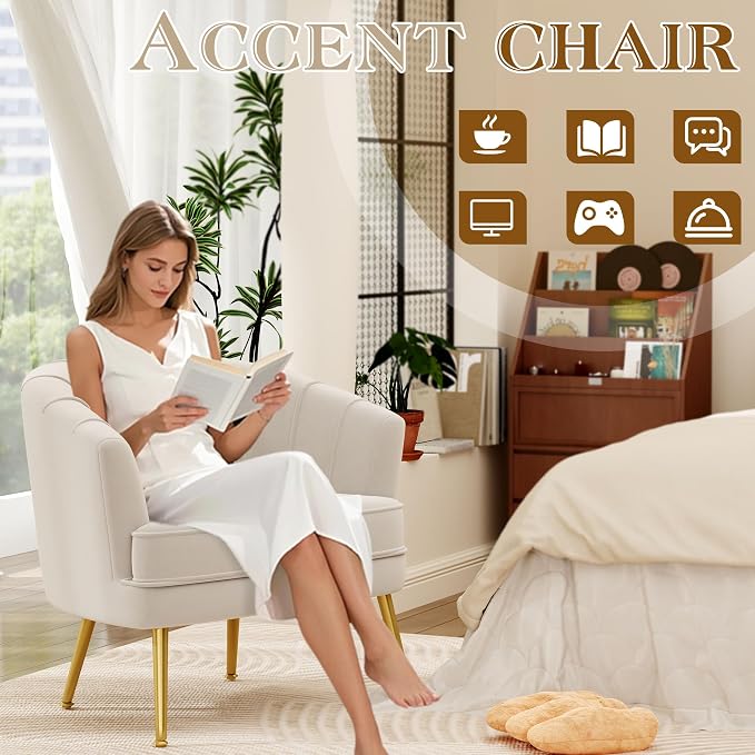 Andeworld Velvet Accent Chair Set of 2, Upholstered Modern Single Sofa Side Chair,Comfy Barrel Club Living Room Armchair with Golden Metal Legs for Bedroom Living Reading Room Office, Beige