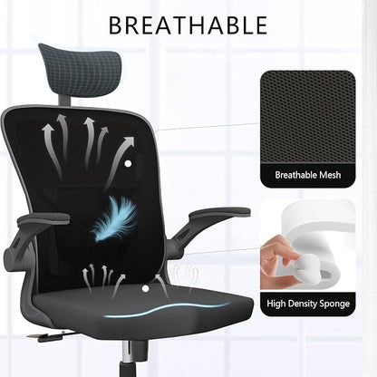 Ergonomic Office Chair, High-Back Mesh Computer Desk Chair with Adjustable Height, Lumbar Support, Flip-Up Armrests,headrest，and Swivel Rolling Design for Home and Office Use