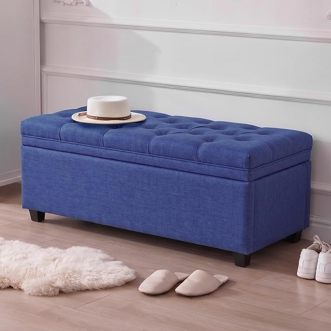 Mangodan Storage Ottoman Bench, Tufted Ottoman with Storage for Living Room, Large End of Bed Ottomans, Modern Entryway Benchs (Blue, 43 Inch)