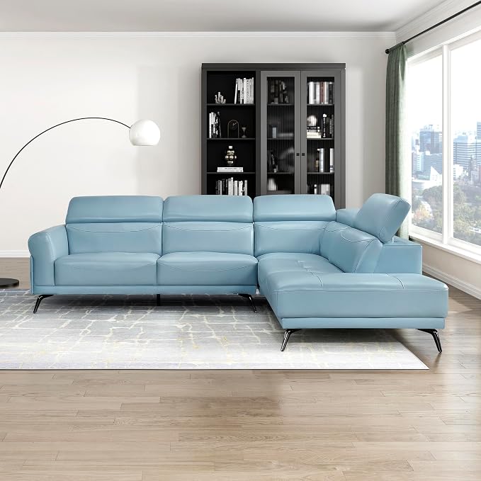Lexicon L-Shaped Sectional Couch with Right Chaise, Top Grain Leather Match Sectional Sofa, Adjustable Headrests, Black Chrome Metal Legs, High-Density Cushions, Stitching, for Living Room, Blue