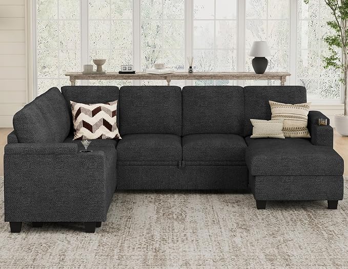 Belffin Sleeper Sofa Modular Sectional Pull Out Couch Bed U Shaped Sofa Couch for Living Room with Storage Chaise. Dark Grey