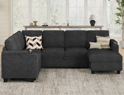 Belffin Sleeper Sofa Modular Sectional Pull Out Couch Bed U Shaped Sofa Couch for Living Room with Storage Chaise. Dark Grey