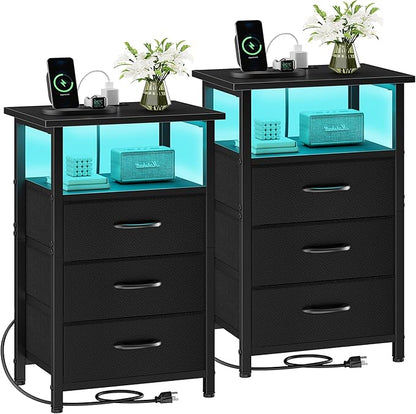 Vagusicc Night Stand Set 2 with Charging Station, LED Nightstand for Bedroom, Bedside Table with 3 Fabric Drawers, End Table Side Table with USB Ports & Outlets, Bed Side Table for Bedroom, Black