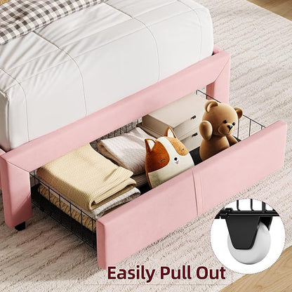 IDEALHOUSE Twin Bed Frame for Kids, Upholstered Platform Bed with Large Storage Drawer and Bookcase Headboard, Girls Bed, Noise-Free, Easy Assembly, No Box Spring Needed, Light Pink