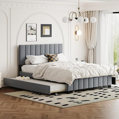 Ball & Cast Queen Bed Frame with Channel Tufted Headboard,Velvet Upholstered Platform Bed Frame Queen Size with 2 Drawers and 1 Twin XL Trundle,Wood Slats Support,No Box Spring Needed,Gray