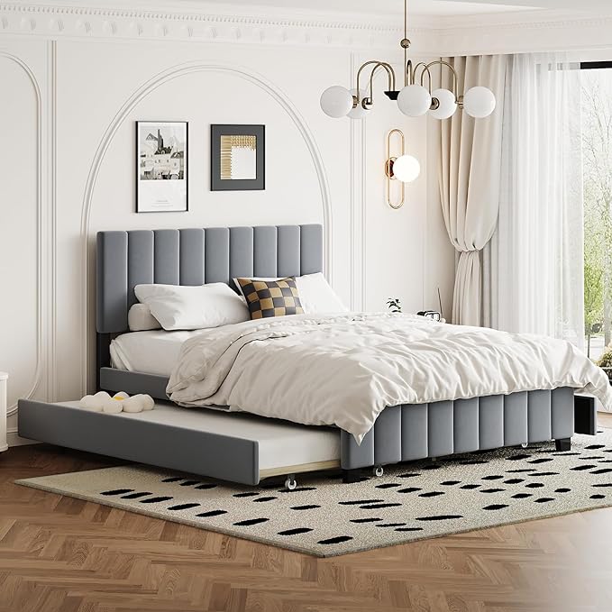 Bellemave Queen Bed Frame with Trundle Bed,Velvet Upholstered Platform Bed Frame with Storage Drawers,Queen Size Trundle Bed with Headboard for Kids Teens Adults,Gray