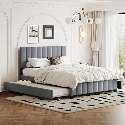 Bellemave Queen Bed Frame with Trundle Bed,Velvet Upholstered Platform Bed Frame with Storage Drawers,Queen Size Trundle Bed with Headboard for Kids Teens Adults,Gray
