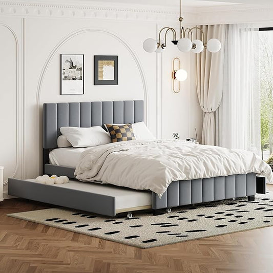 Bellemave Queen Bed Frame with Trundle Bed,Velvet Upholstered Platform Bed Frame with Storage Drawers,Queen Size Trundle Bed with Headboard for Kids Teens Adults,Gray