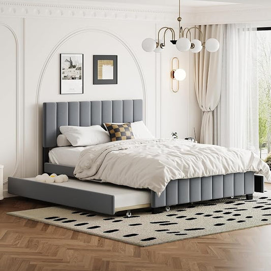 Merax Queen Size Upholstered Platform Bed with 2 Drawers and 1 Twin XL Trundle, Grey Wooden Bed Frame, No Box Spring Need