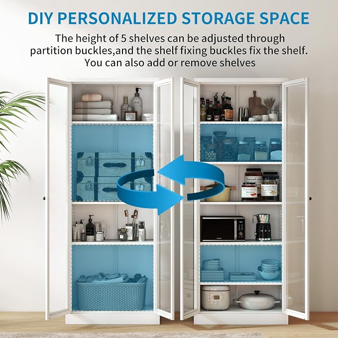 72"H Full Glass Door Steel Kitchen Pantry Cabinets Display Cabinet | Storage Organizer with Adjustable Shelves, Glass Doors Storage Cabinet for Kitchen, Dining Room,Assembly Required