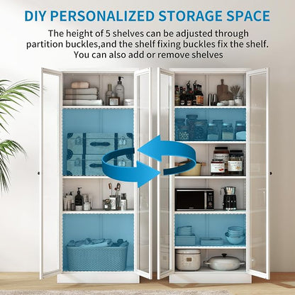 72"H Full Glass Door Steel Kitchen Pantry Cabinets Display Cabinet | Storage Organizer with Adjustable Shelves, Glass Doors Storage Cabinet for Kitchen, Dining Room,Assembly Required
