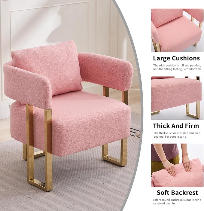 YISHENG Modern Barrel Accent Chairs Set of 2, Living Room Side Chairs with Golden Metal Legs Soft Upholstered Reading Armchairs no Wheels for Vanity/Reception Room/Bedroom/Lounge/Office,（Pink Teddy）