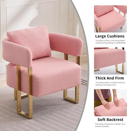 YISHENG Modern Barrel Accent Chairs Set of 2, Living Room Side Chairs with Golden Metal Legs Soft Upholstered Reading Armchairs no Wheels for Vanity/Reception Room/Bedroom/Lounge/Office,（Pink Teddy）