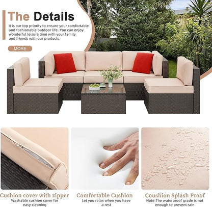 6 Pieces Patio Furniture Set Outdoor Couch Wicker Sectional Sofa, Beige