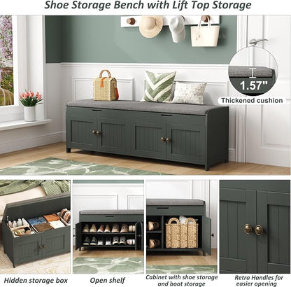 HOMEFORT 54.4" Shoe Bench with Lift Top Storage, Entryway Bench with Cushioned Seat, Wooden End of Bed Bench, Shoe Cabinet Bench with Hidden Storage Space, for Bedroom, Hallway,Green