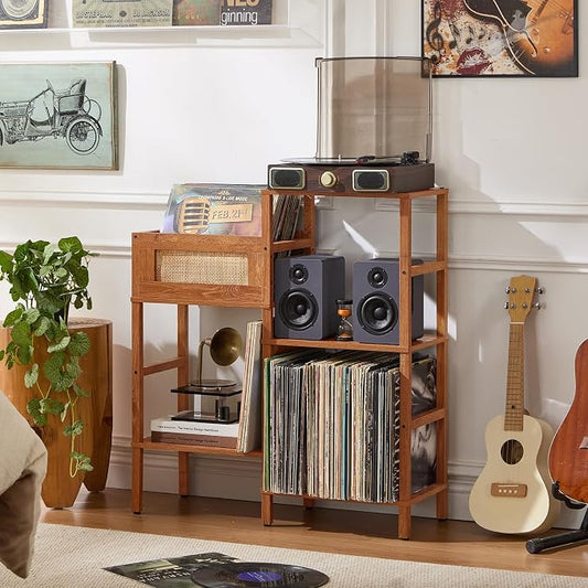 LELELINKY Record Player Stand, Brown Wood Record Holder with Vinyl Storage Holds up to 300+ Albums, 3-Tier Rattan Media Table with Vinyl Display Shelf, Record Storage Cabinet for Living Room