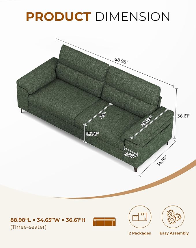 Upvilla 88.97" Modern Sofa Couch for Living Room, Deep Seat Sofas with 8”Cushion, Comfy 2-Seater Chenille Loveseat with Convertible Armrest, Removable Sofa Cover, High Leg (Green)
