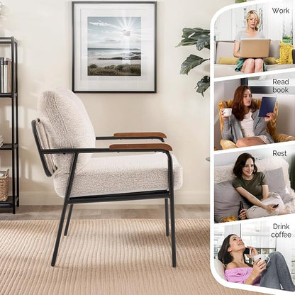 VINGLI Mid-Century Modern Accent Armchiar for Small Space, Small Comfy Upholstered Leisure Reading Chair with Wood Armrest for Bedroom, Living Room, Waiting Room, Linen Beige