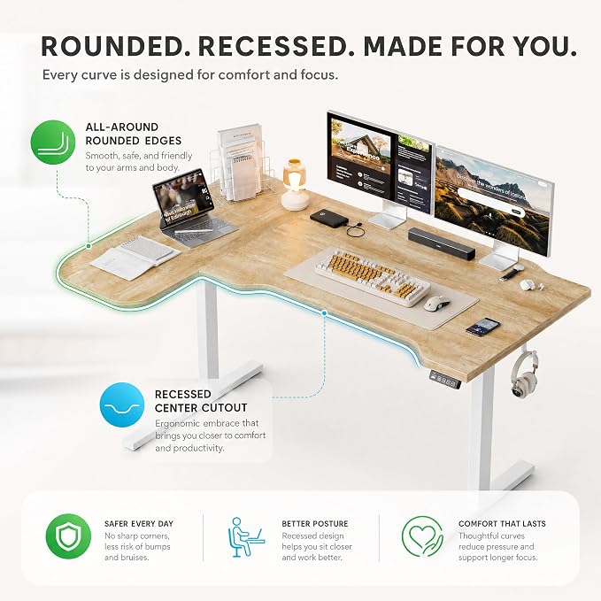 Grandder 47" L Shaped Standing Desk, Electric Height Adjustable Corner Stand Up Desk with Ergonomic Curved Round Corner for Small Apartment Home Office, Oak Desktop White Frame