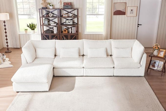 154" Oversized Corduroy Couch Modular Sectional Sofa, Washable Cloud Couch Sectional with Ottoman, 5 Seater Sectional Couches for Living Room, Fully Cover Removable, L Shaped, Corduroy, White