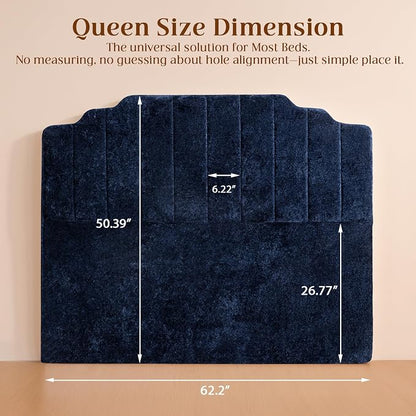 Queen Headboard Only - Blue Velvet Upholstered Headboard for Bed, No Assembly Required, Pure Sponge Design, Comfort Head Board, Place Between Bed & Wall, Vertical Stripe with Stepped Crown Top Edge