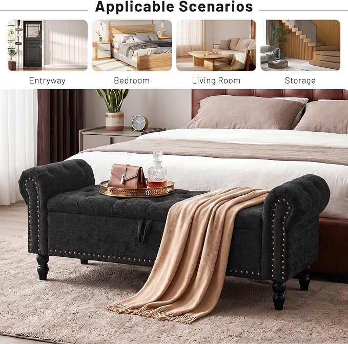 Furniliving 51” End of Bed Storage Bench, Bedroom Bench with Button-Tufted, Upholstered Storage Ottoman Benches Window Bench with Storage, Chenille Bench for Living Room, Entryway, Black