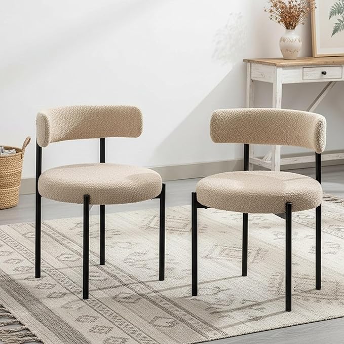 Boucle Dining Chairs Set of 2, Beige Dining Chairs with Upholstered Seat and Round Back, Mid-Century Modern Kitchen Chairs for Dining Room, Restaurant