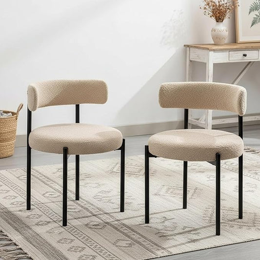 Boucle Dining Chairs Set of 2, Beige Dining Chairs with Upholstered Seat and Round Back, Mid-Century Modern Kitchen Chairs for Dining Room, Restaurant