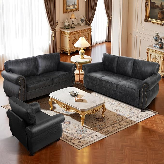 Couchus Living Room Furniture Sets,Sofa Sets and Couch Sets for Living Room,Mid-Century Vintage Sofa Couches with Rivet Design (Grey, Single+Loveseat+3 Seater)