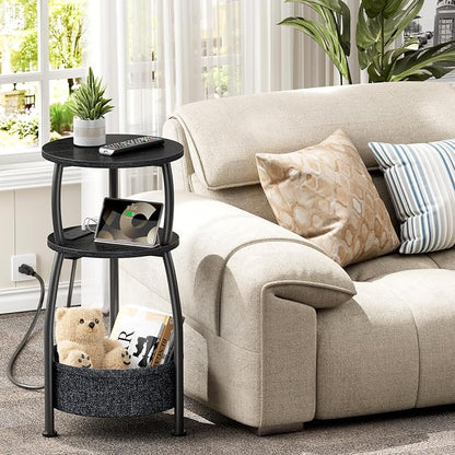 Round Side Table with Power Outlets, Small Coffee Table with S Basket, Space Saving End Table 3-Tier Bedside Corner Table Stand for Living Room, Bedroom, Garden 11.8in Classic Black