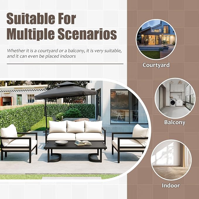 VilroCaz 4-Piece Outdoor Steel Sofa Set, All Weather Patio Conversation Set with 1 Love Sofa, 2 Single Sofas, Coffee Table, Waterproof Cushions, Suitable for Backyard, Poolside Gardens (Beige-Z)