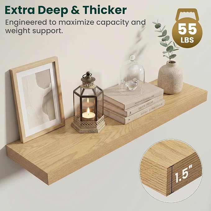 Floating Shelves for Wall 40 in x 9.3 in Deep, Wall Mounted Rustic Wood Shelf with Invisible Brackets for Storage & Display, Living Room Bedroom Bathroom, Oak, 2 Pack