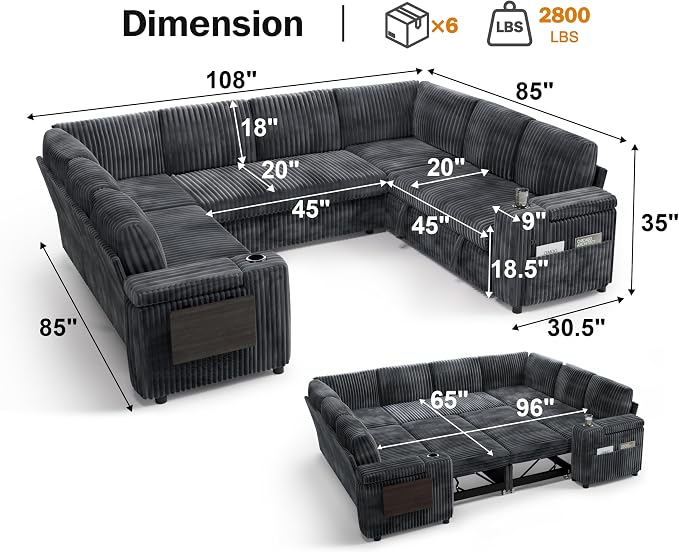WEUP 111" Modular Sectional Sleeper Sofa with Pull Out Bed, 8 Seat Plush Corduroy U Shaped Couch with USB Ports|Cup Holders|Side Table|Storage Chaise Armrests Tool Free Assembly, Grey