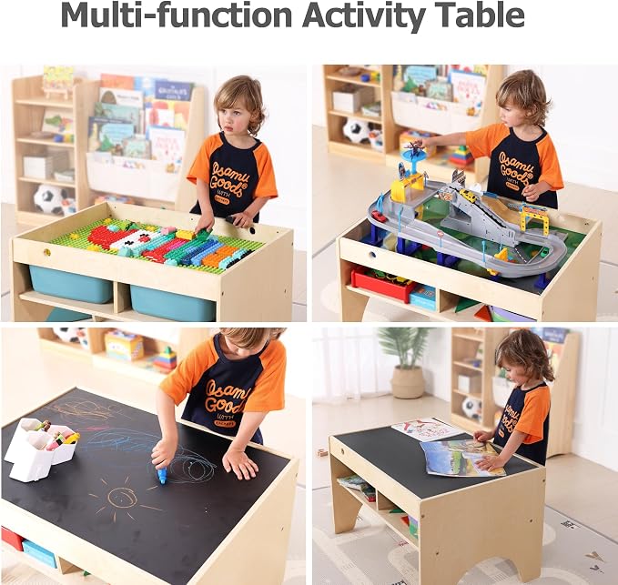 Kids 3-in-1 Wooden Art & Activity Table Playset Furniture with 4 Compartments for Storage, Play Table Compatible with Blocks&Bricks and Train Set for Preschool Toddler Boy & Girl (STD.)