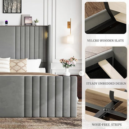 King Size Bed Frame with 55.1" Tall Headboard, Velvet Upholstered Platform Bed with Channel Tufted Wingback, 2 Reading Lights/Storage Shelf/Charging Station/Easy Assembly/Noise-Free, Grey
