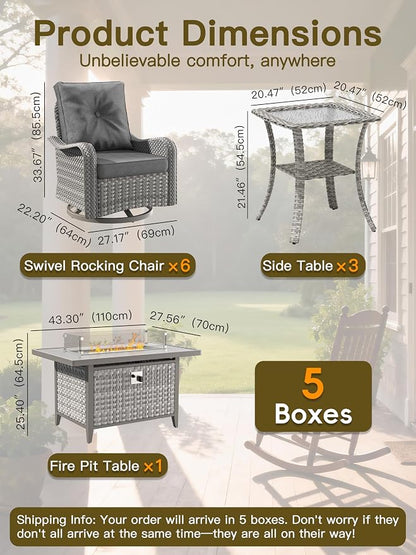 10-Piece Outdoor Conversation Set with 43" Fire Pit Table, 6 Swivel Rocking Chairs (4" Cushions) & 3 Side Tables, All-Weather PE Rattan & Steel Frame for Porch, Backyard, Charcoal Gray