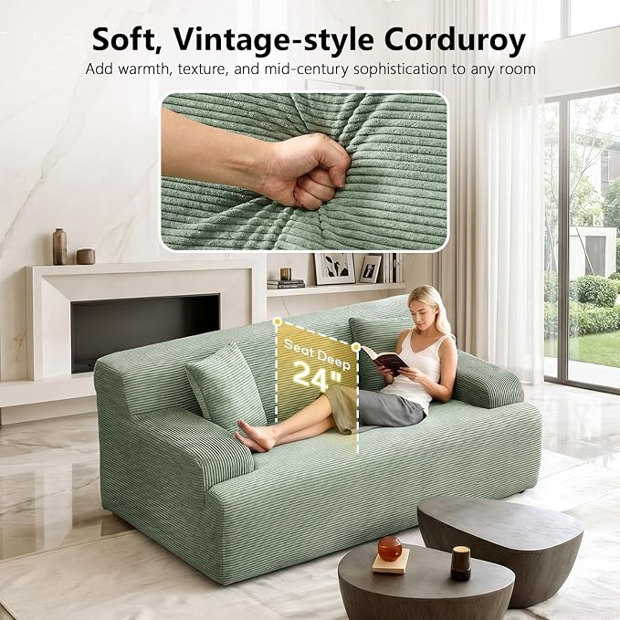 VINGLI 72" W Boneless Loveseat Sofa, Cloud Corduroy Couch in a Box, Compressed Deep Seat Sofa with 10.6" Wide Curved Armrests, Easy Assembly Required for Living Room, Apartments & Office, Green