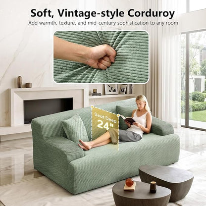 VINGLI 72" W Boneless Loveseat Sofa, Cloud Corduroy Couch in a Box, Compressed Deep Seat Sofa with 10.6" Wide Curved Armrests, Easy Assembly Required for Living Room, Apartments & Office, Green