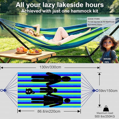 GOCAN Brazilian Double Hammock 2 Person Extra Large 220x160cm Total Length 330cm Load 500lb Canvas Cotton Hammock for Patio Porch Garden Backyard Lounging Outdoor and Indoor(Blue/Green) XXL