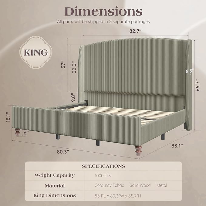 King Size Upholstered Bed Frame with 65.7" Tall Headboard Wingback, Soft Washable Corduroy Beds Cover, Solid Wood Legs, Noise-Free, No Box Spring Needed, Light Gray