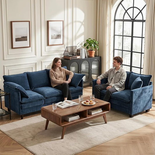3 Seater Couch & Loveseat Sofa 2 Piece Set, Small 50" Love Seat & 69" Cloud 3 Seat Couch Sofa Set Washable Chenille Pillow Living Room Set for Apartment Office 8833-BLUE-3+2