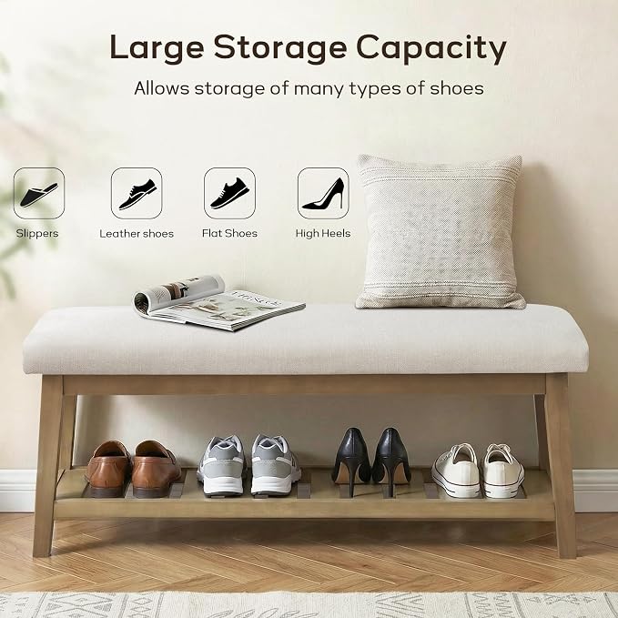 Entryway Bench with Cushion, Upholstered Shoe Rack Bench with Solid Wood Shelf, 44" End of Bed Bench for Bedroom, Chenille Fabric Storage Bench for Entryway, Hallway, Living Room (Beige)