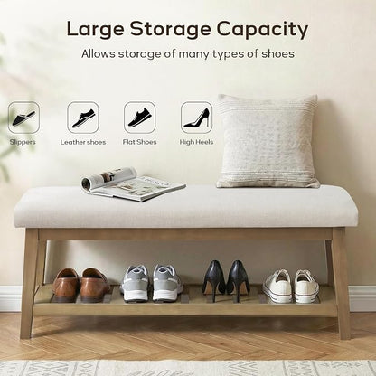 Entryway Bench with Cushion, Upholstered Shoe Rack Bench with Solid Wood Shelf, 44" End of Bed Bench for Bedroom, Chenille Fabric Storage Bench for Entryway, Hallway, Living Room (Beige)